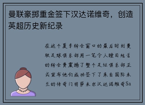 曼联豪掷重金签下汉达诺维奇，创造英超历史新纪录